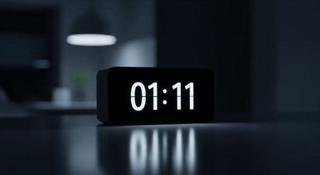 Orologio digitale che mostra 01-11 in una stanza buia con luce soffusa e atmosfera simbolica.