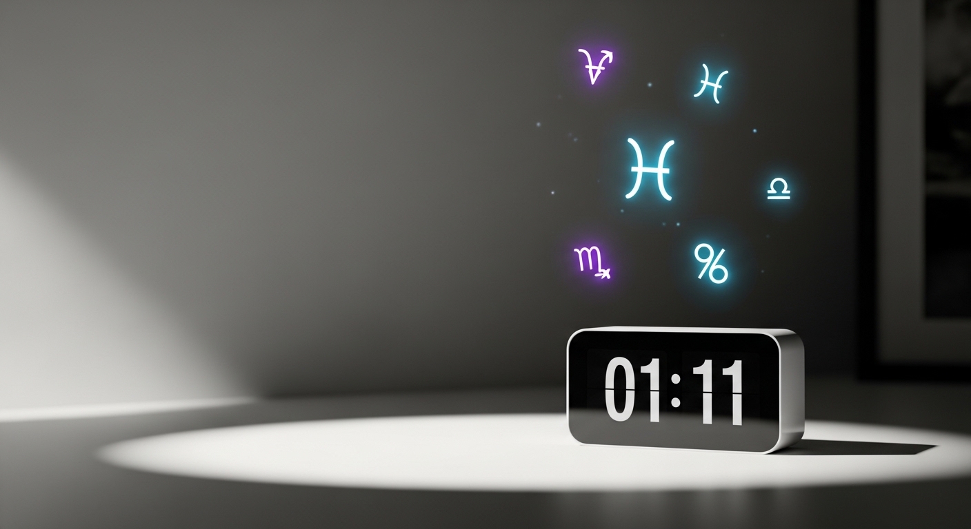 Orologio digitale con 01-11 in ambiente minimalista, atmosfera calma e contemplativa legata alla numerologia.